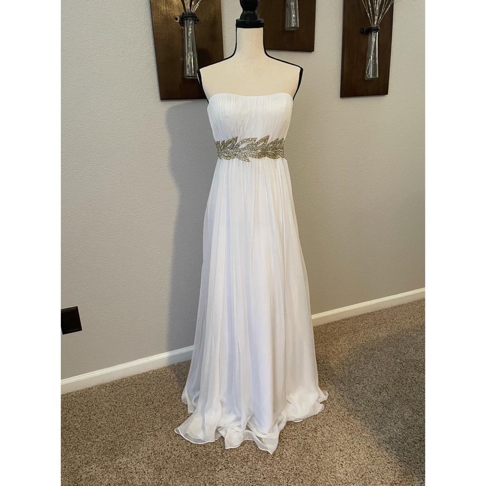 LaFemme Grecian strapless empire waist gown